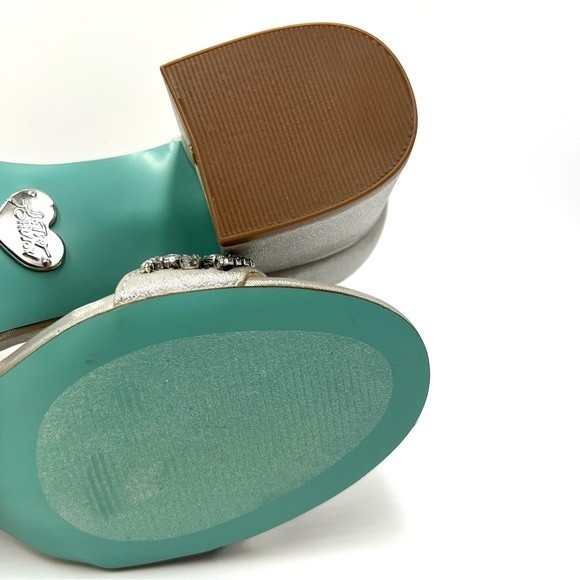 Blue Betsey Johnson Size 7 Mel Jeweled Silver Block Heels Dress Sandals Shoes - Picture 13 of 15